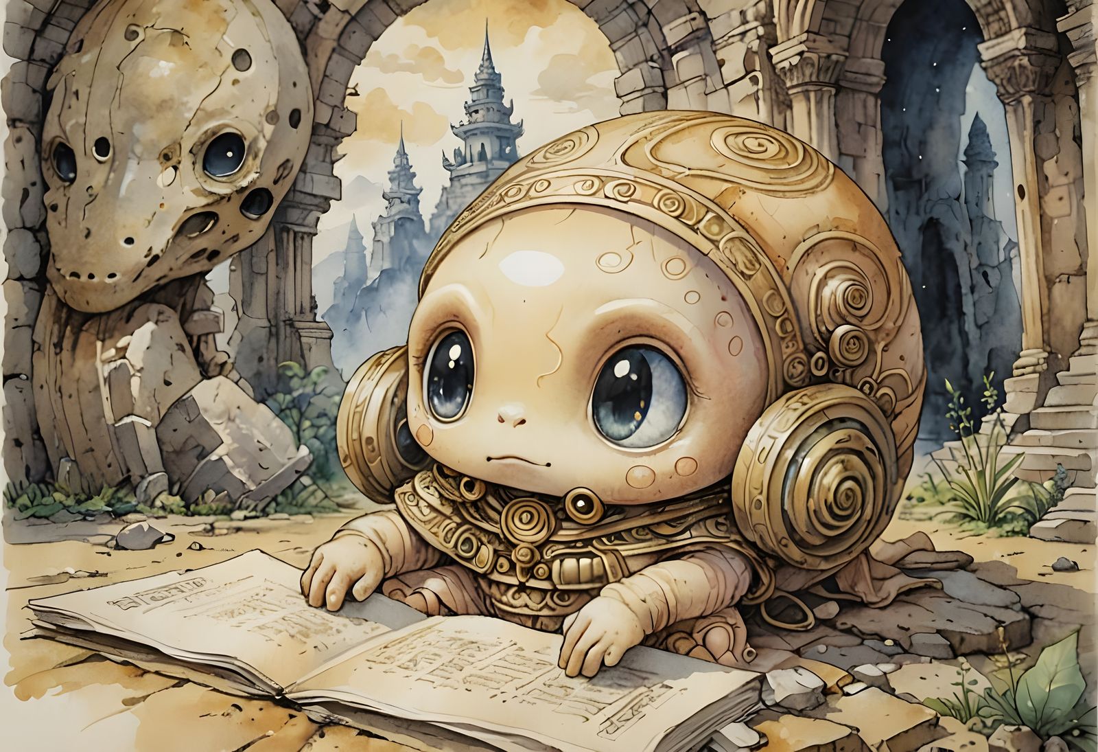 Chibi Alien on Papyrus in Ancient Art Style