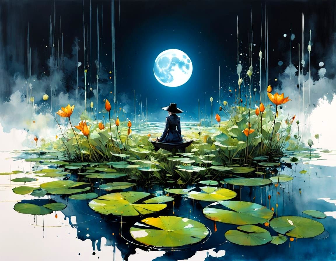 Vibrant Lily Pad Under Luminous Moon
