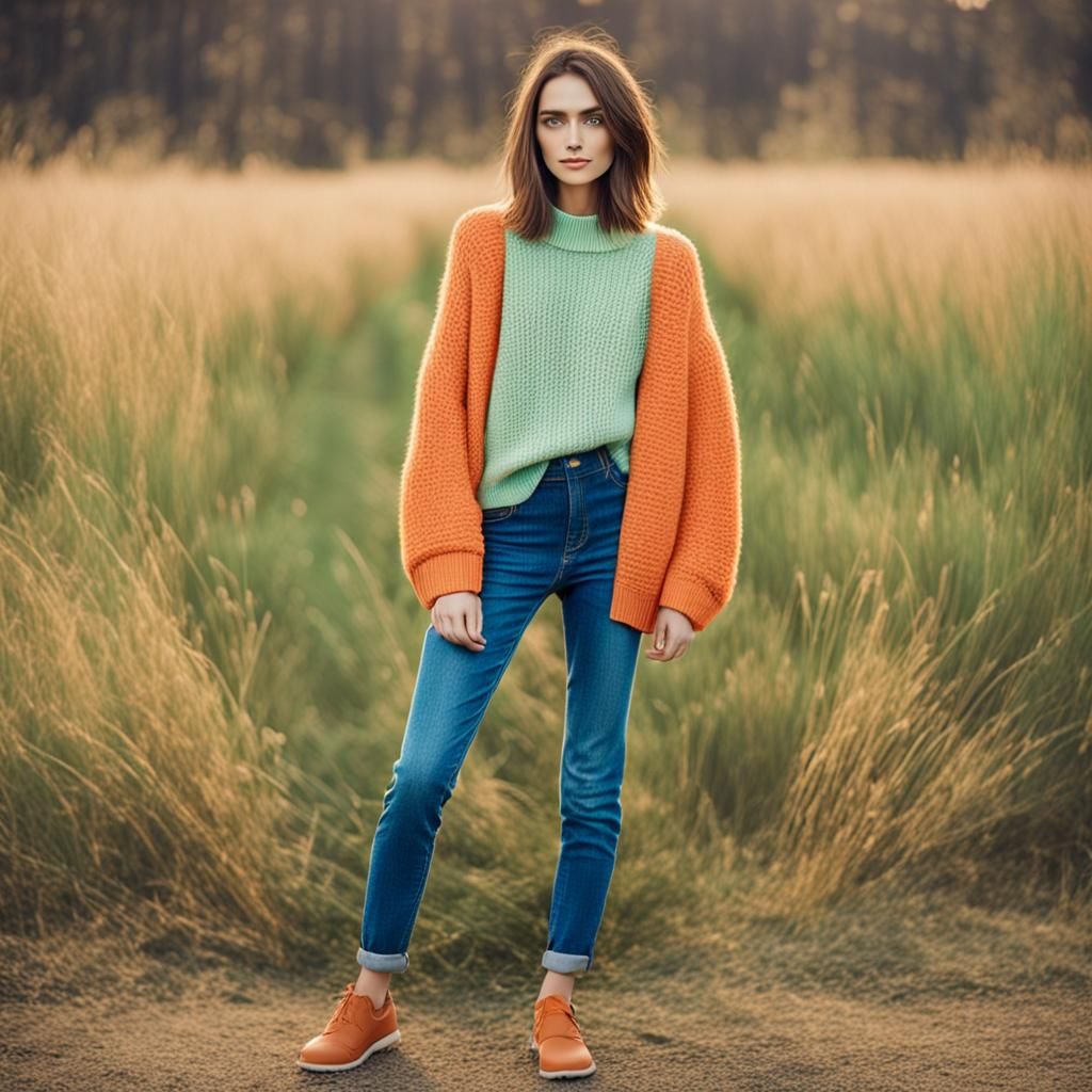 Slender Woman with Bob Haircut in Green Sweater