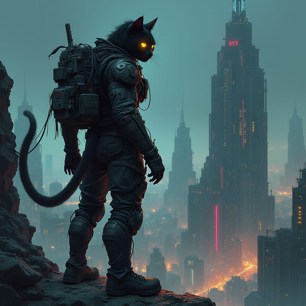 Cyberpunk Cat Warrior in Neon Cityscape