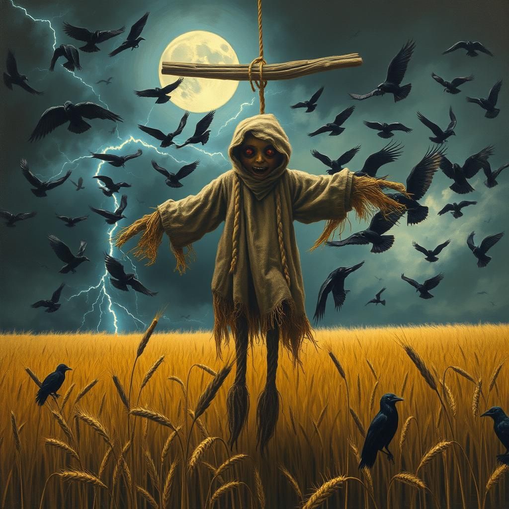Scarecrow in Wheat Field on Stormy Night