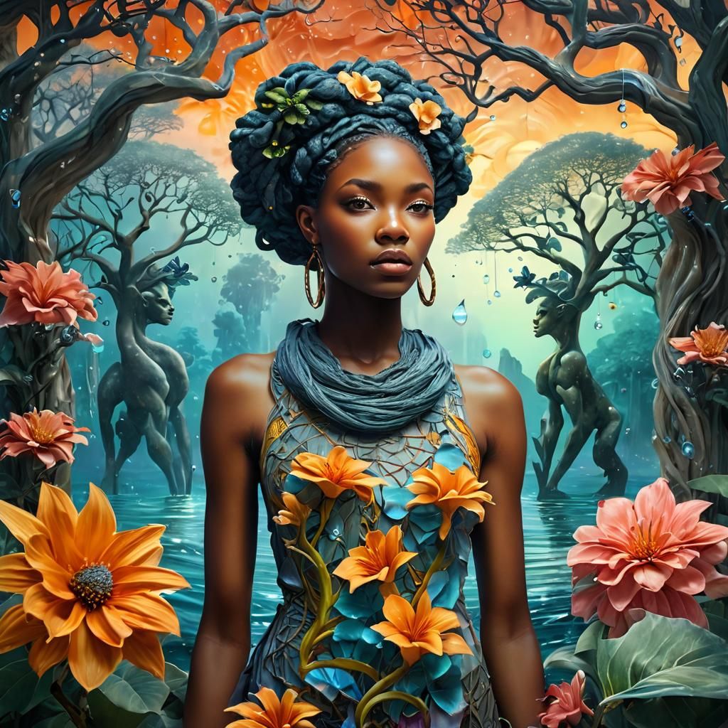 Surreal African Woman with Fiber Trees: Digital Art