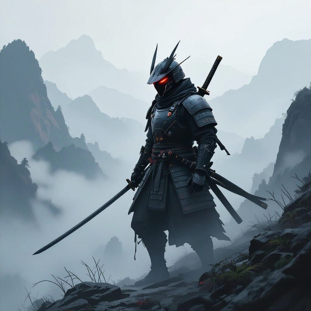 Dragon Ninja in Misty Mountains, Cyberpunk Feudal Style