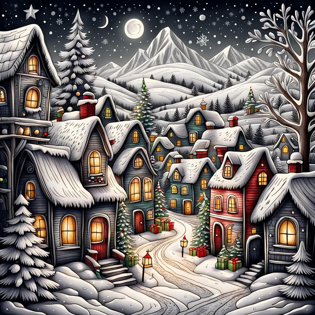 Charming Christmas Village in Detailed Pencil Sketch