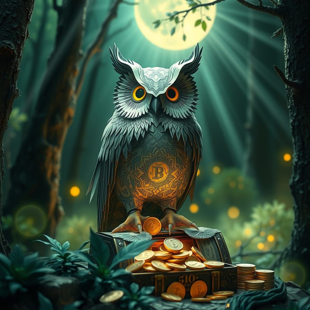 Origami Owl with Gold Coins in Enchanted Forest