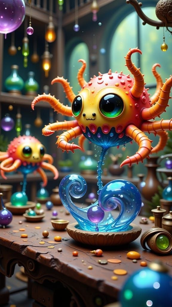 Whimsical Fae Creatures in a Vibrant Fantasy Laboratory