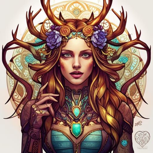 Steampunk Cybernetic Queen of Antlers: Digital Art