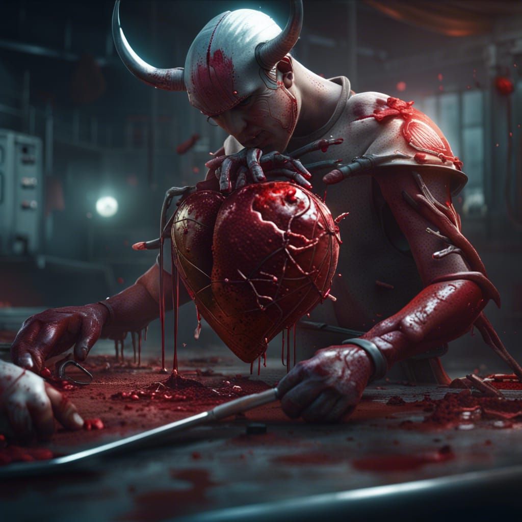 Bloody Surgeon Performs Open Heart Surgery