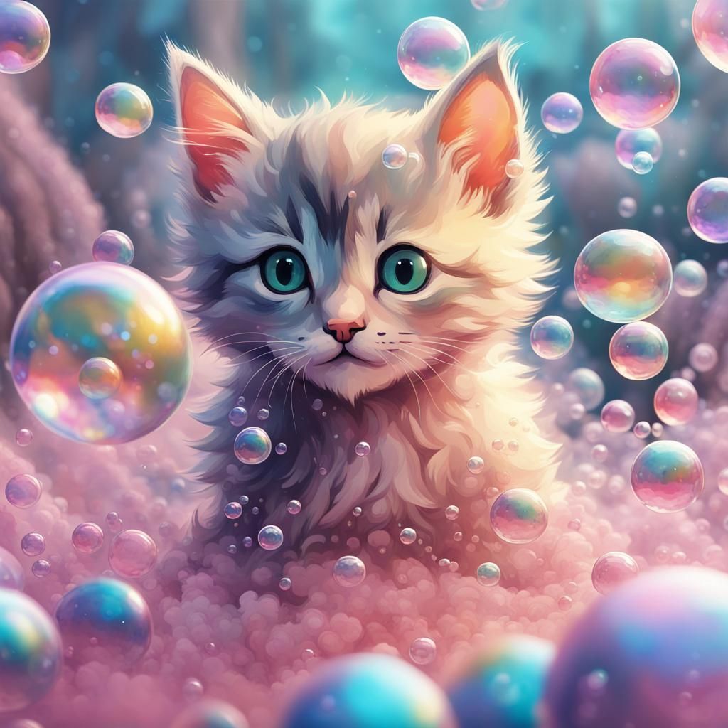 Kitten in a Bubble World: Watercolor Art