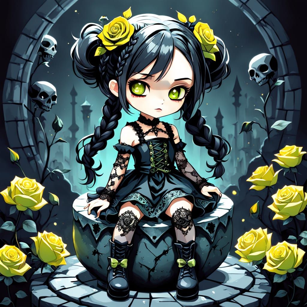 Gothic Chibi Character Digital Painting with Chartreuse Eyes