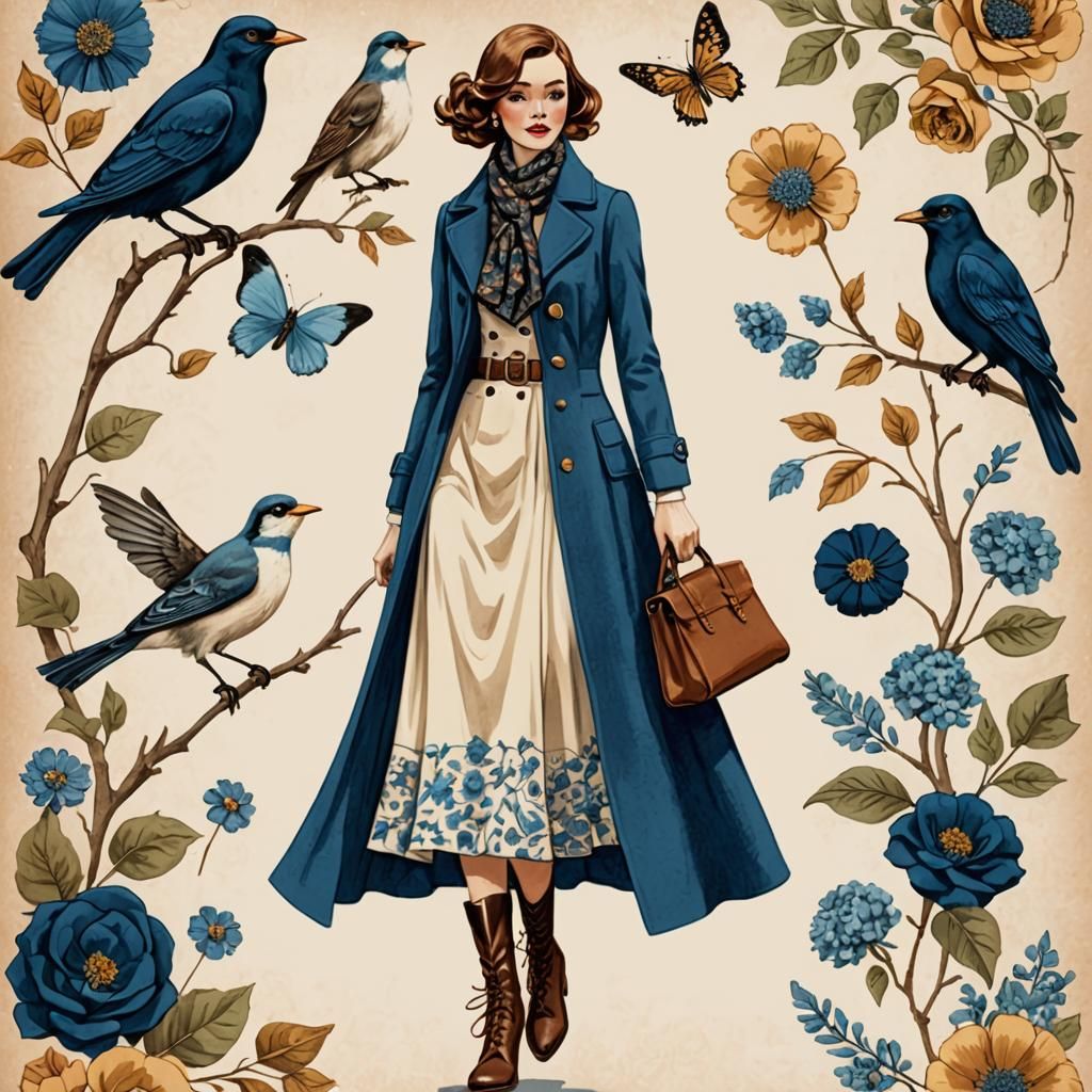 Vintage Fashion Illustration of Woman in Cream Dress