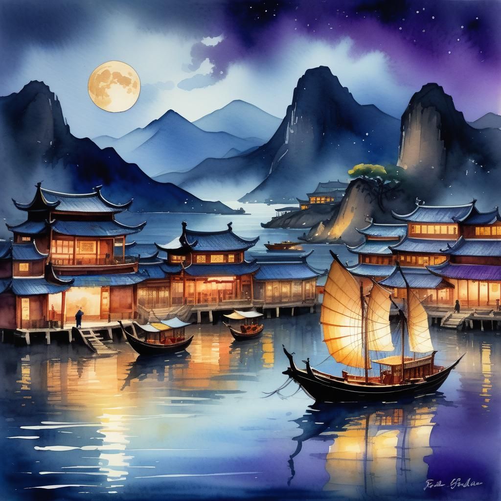 Chinese Junk in Moonlit Bay: Watercolor Painting