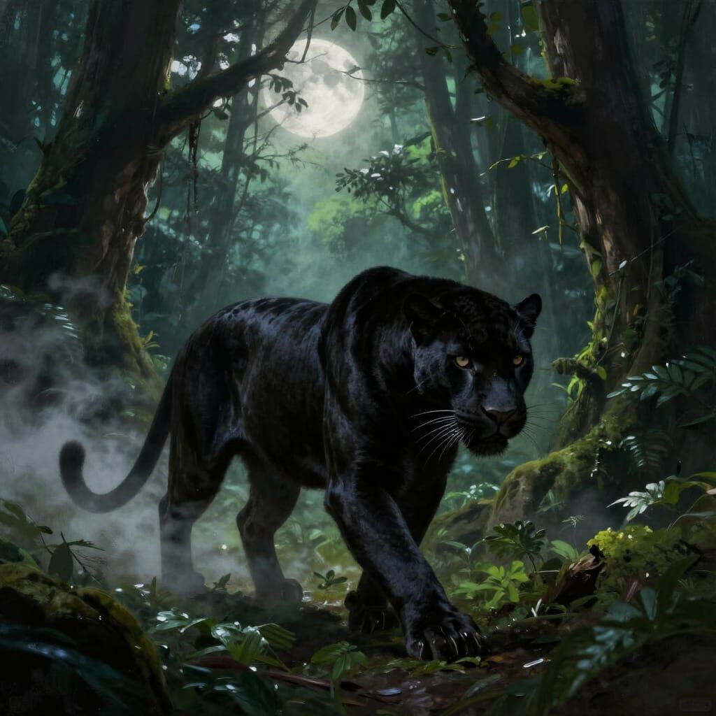 Panther Stalking Moonlit Jungle in Dark Fantasy Style