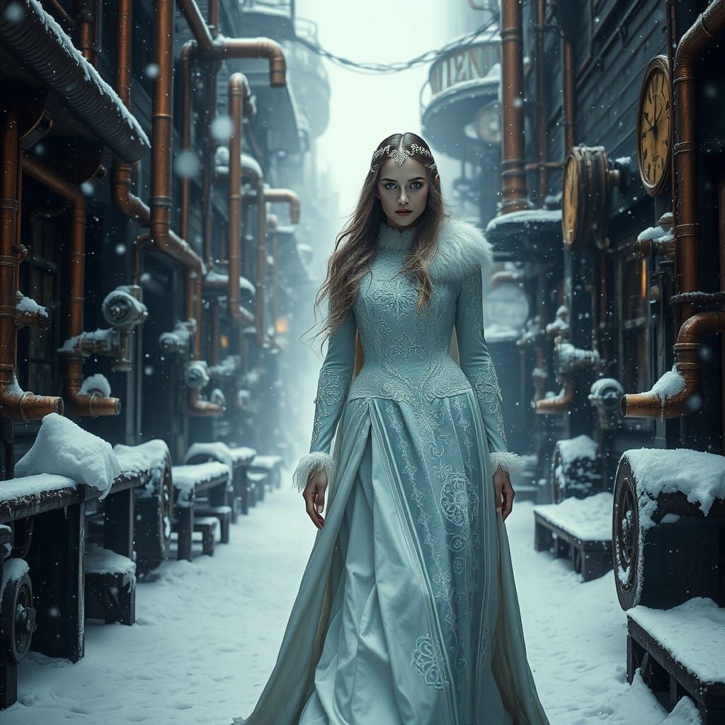 Ethereal Steampunk Snow Maiden Walks Through Snowy Cityscape