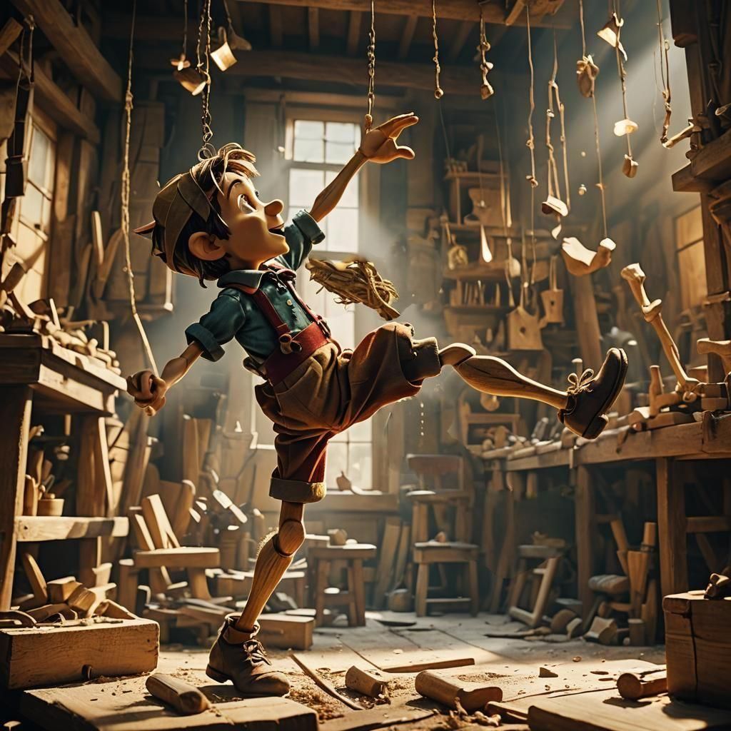 Cinematic Pinocchio Film Still in Live-Action Style
