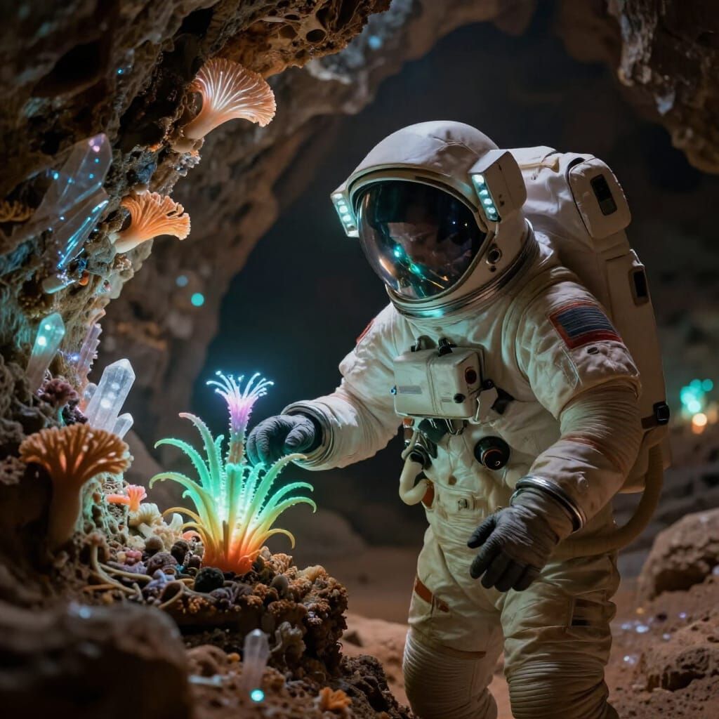 Astronaut Tends Alien Plant in Bioluminescent Martian Cave