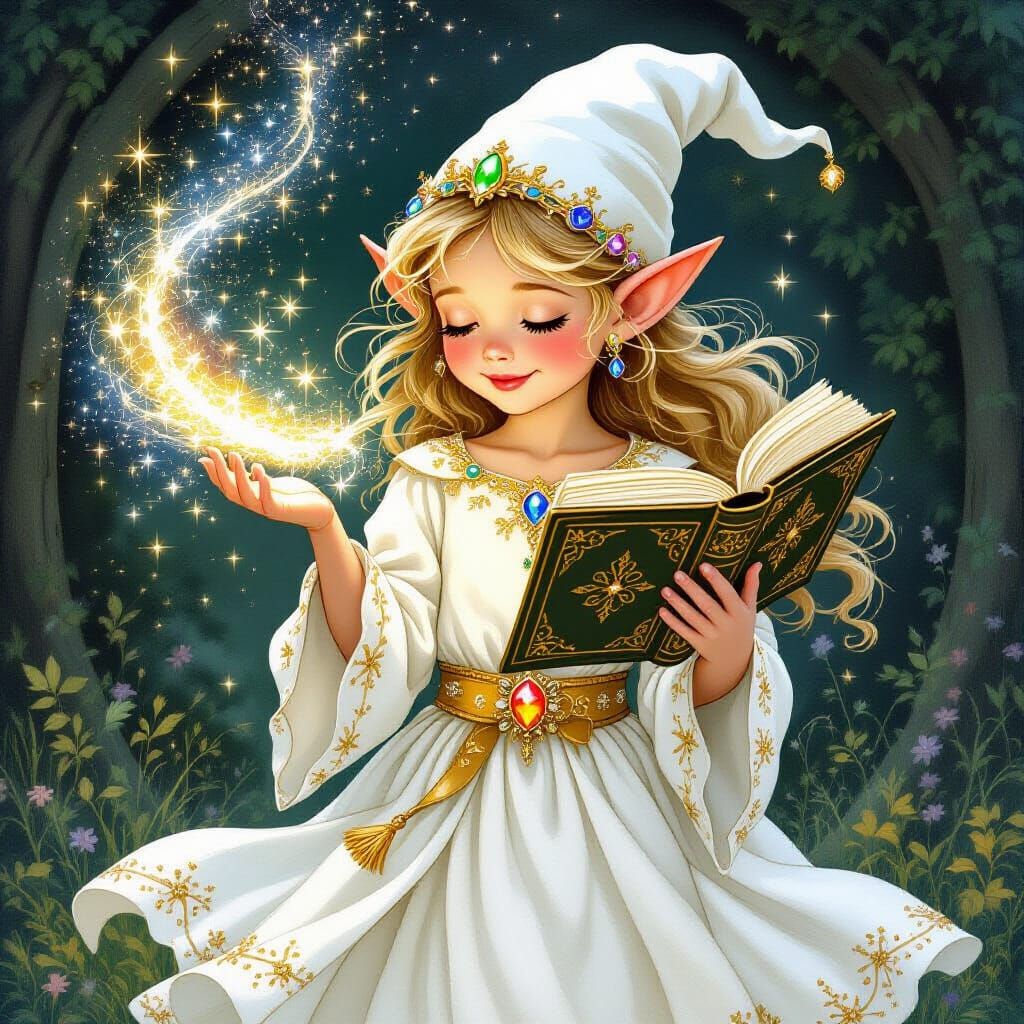 Enchanting Elf Reads Magical Book