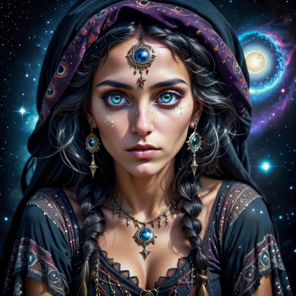 Mystical Gypsy with Galaxy Eyes: Photorealistic Portrait