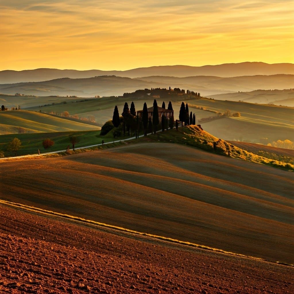 Rolling Italian Countryside in Warm Earthen Tones
