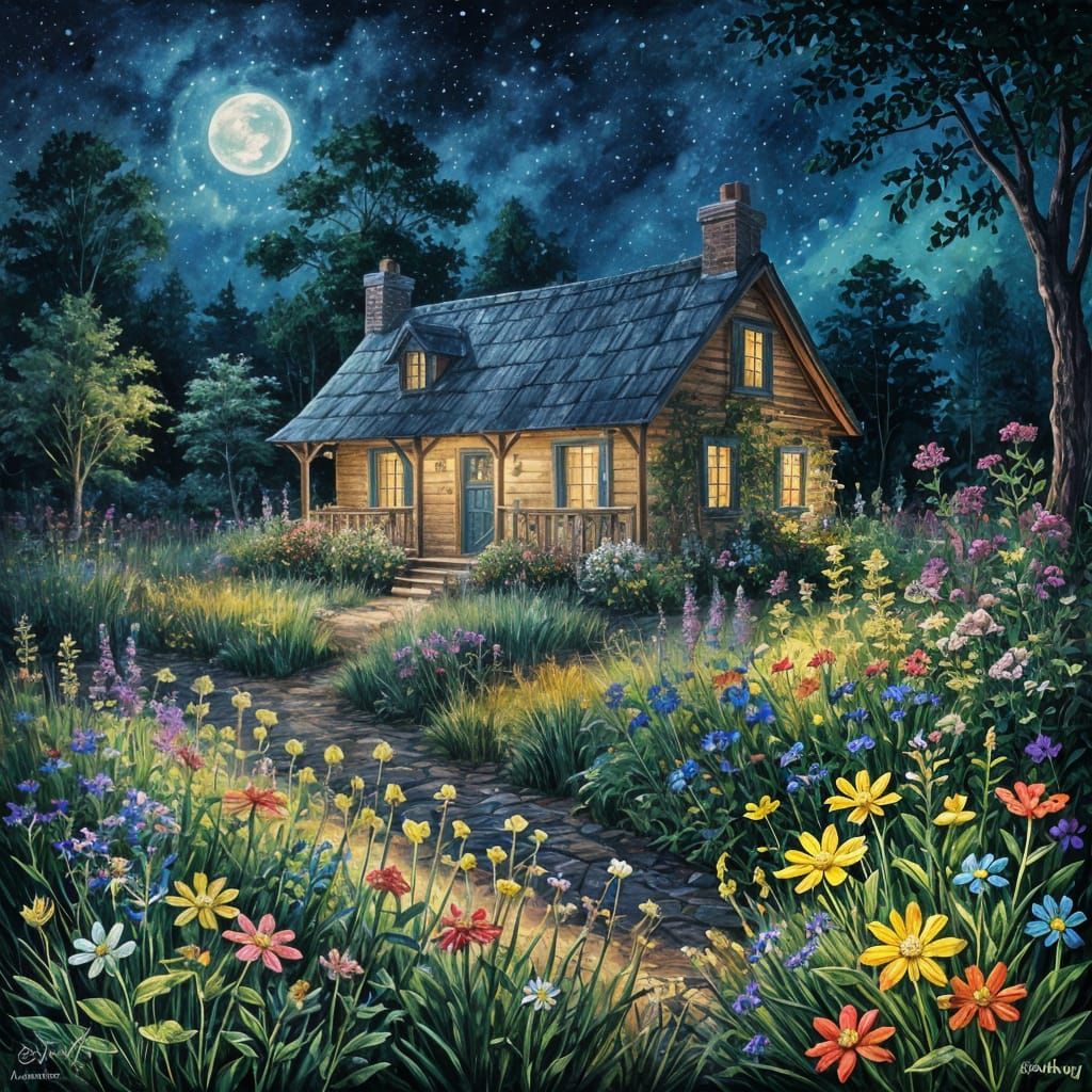 Glowing Cottage in Vibrant Wildflower Garden at Night