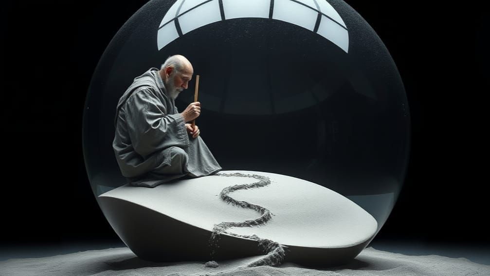 Monk Drawing in Sand: Mystical Dreamscape