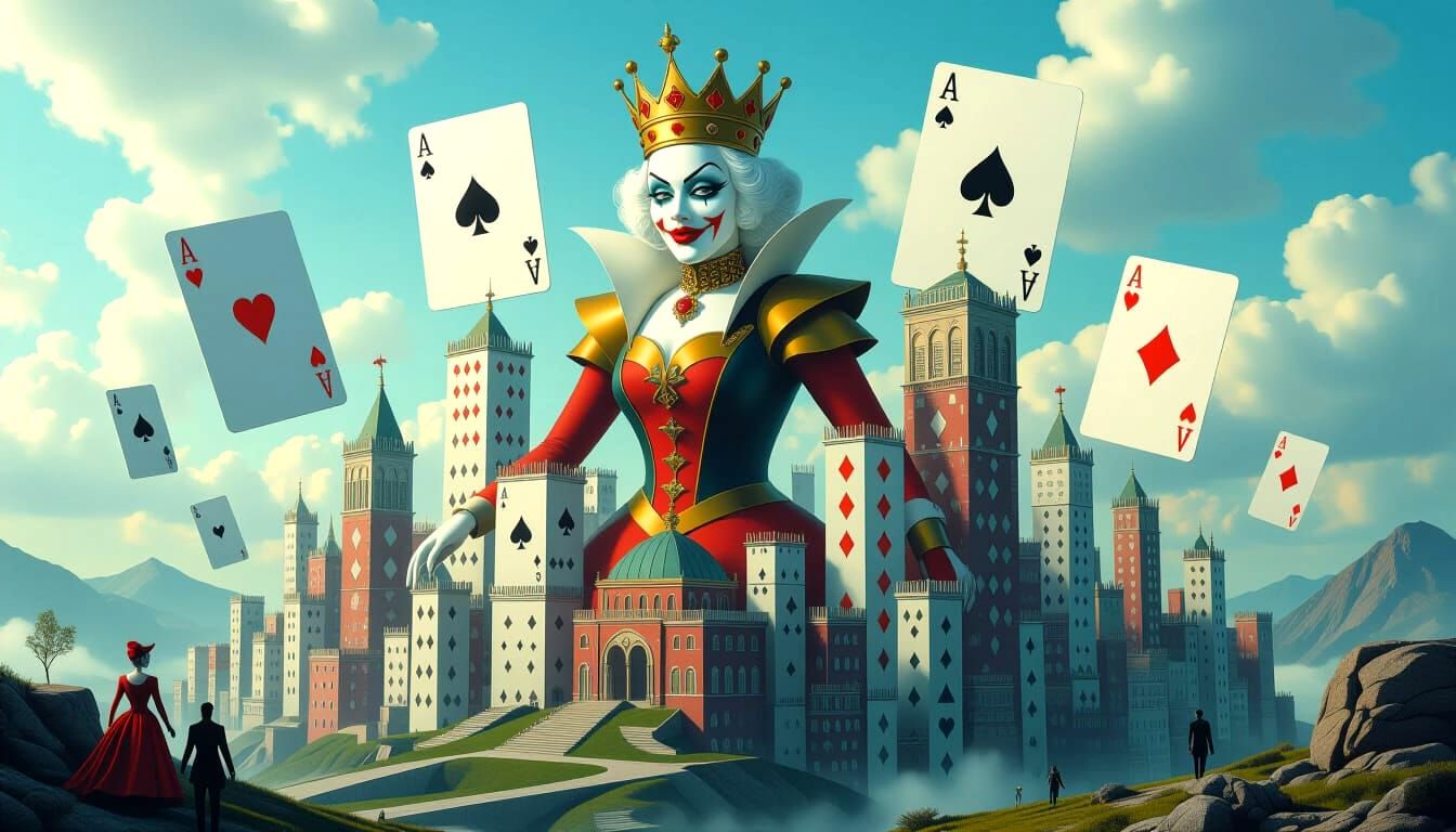 Surreal Playing Card Cityscape with Royal Court