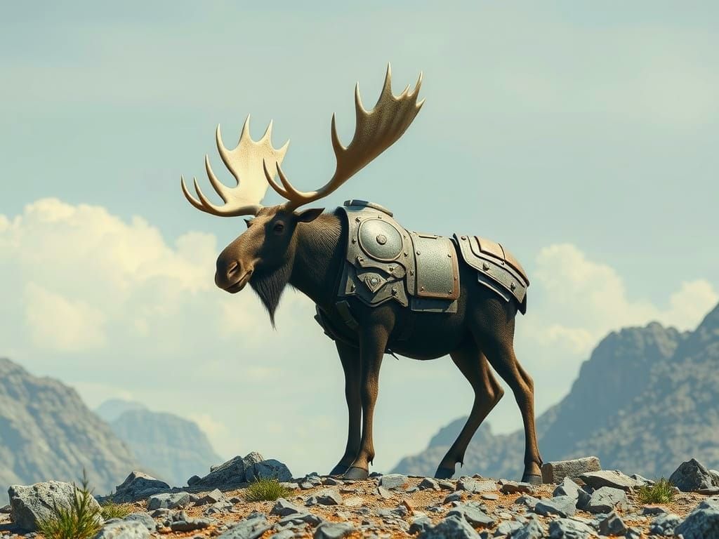 Armored Moose Stands on Rocky Terrain