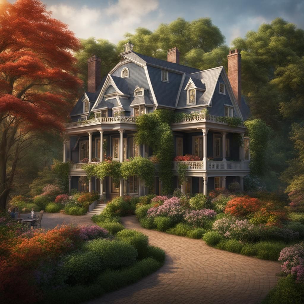 Dutch Colonial House with Herb Garden, Digital Matte Paintin...
