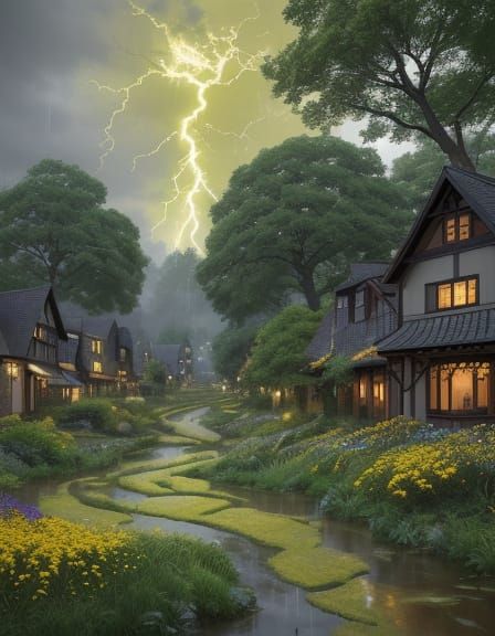 Whimsical Rural Village in a Rainy Emerald Meadow