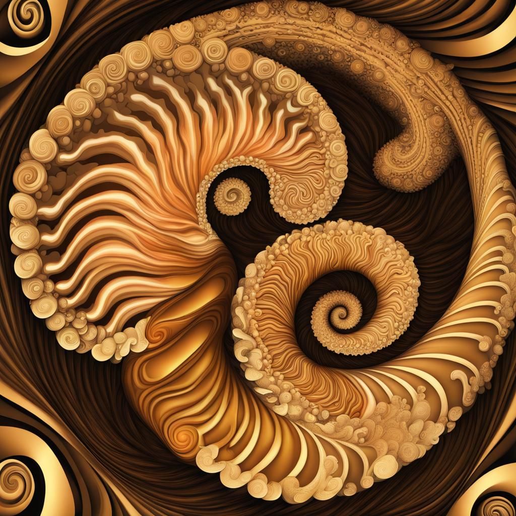 Swirling Ammonite Mandala with Clouds and Pools