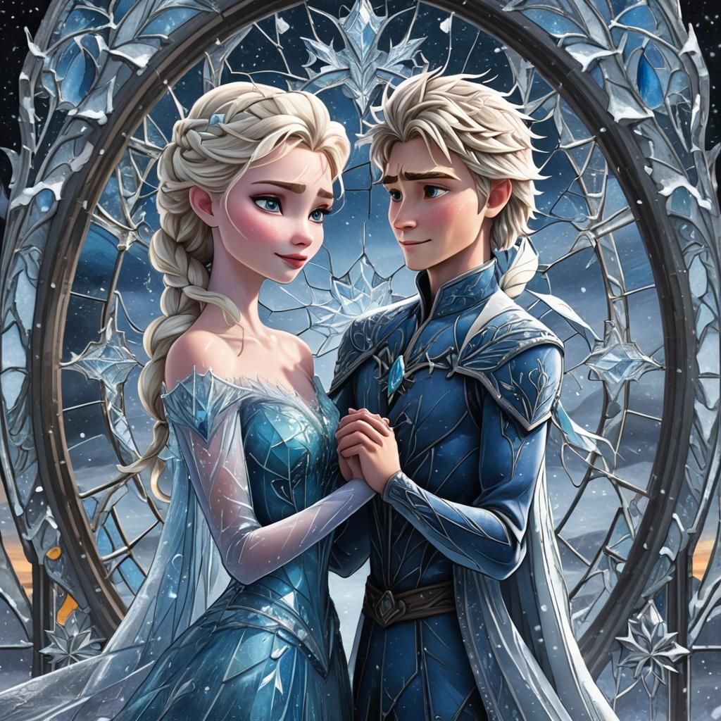Elsa and Jack Frost as Stained Glass Art