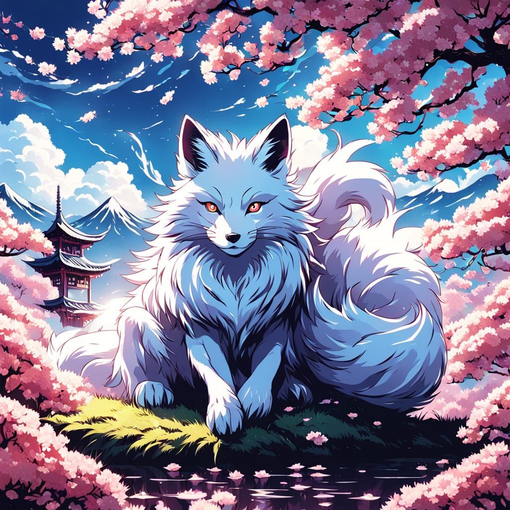 Majestic Nine-Tailed Fox Amid Cherry Blossoms