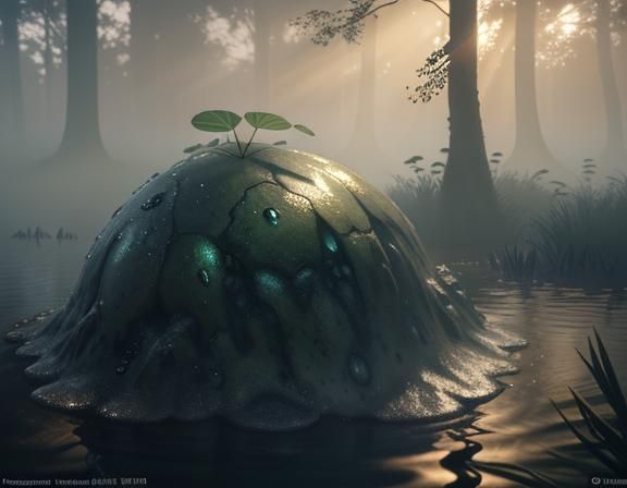 Amphibian Emerges from Misty Pond as 3D Game Art