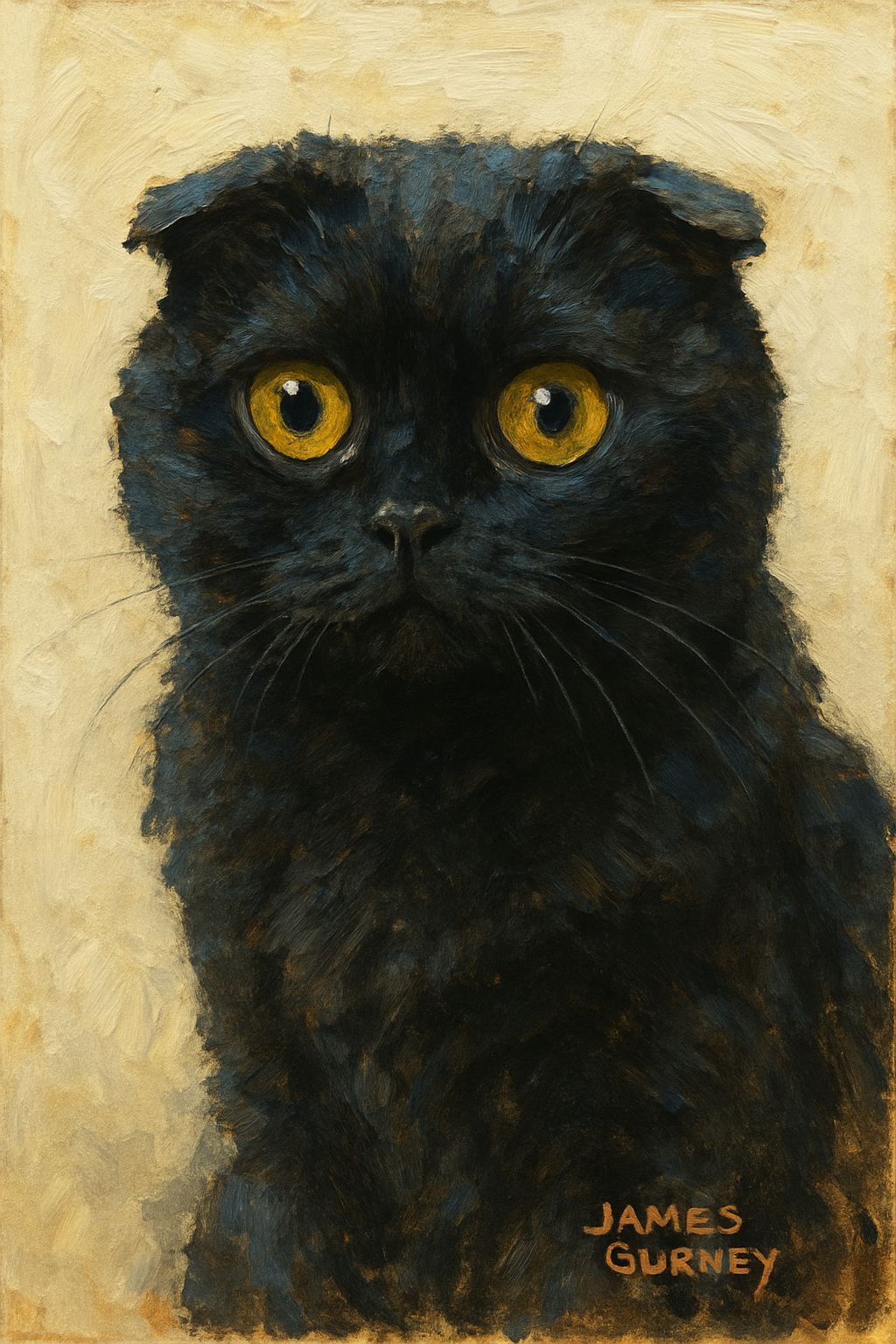 Black Scottish Fold Cat in Impressionist Gouache Style