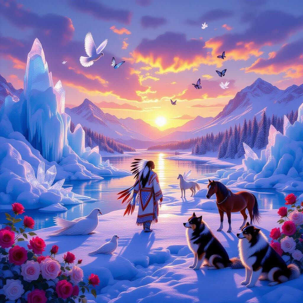 Dawn Dusk Landscape with Ice Sculptures and Fantasy Creature...
