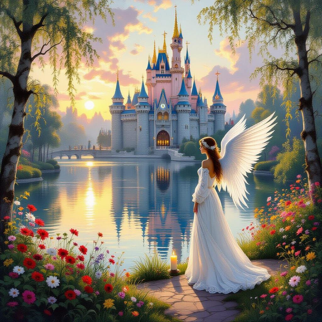 Majestic Castle at Sunset Over Tranquil Lake