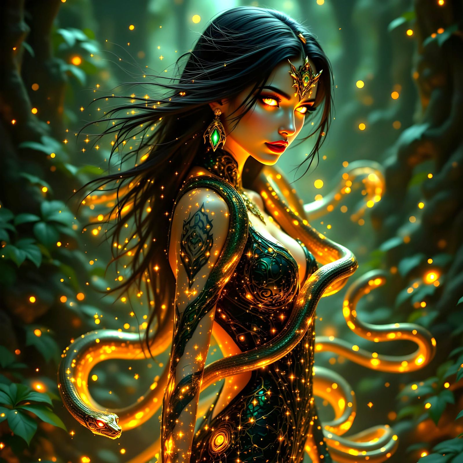 Dark Fantasy Woman with Glowing Snake Tattoos and Cobra