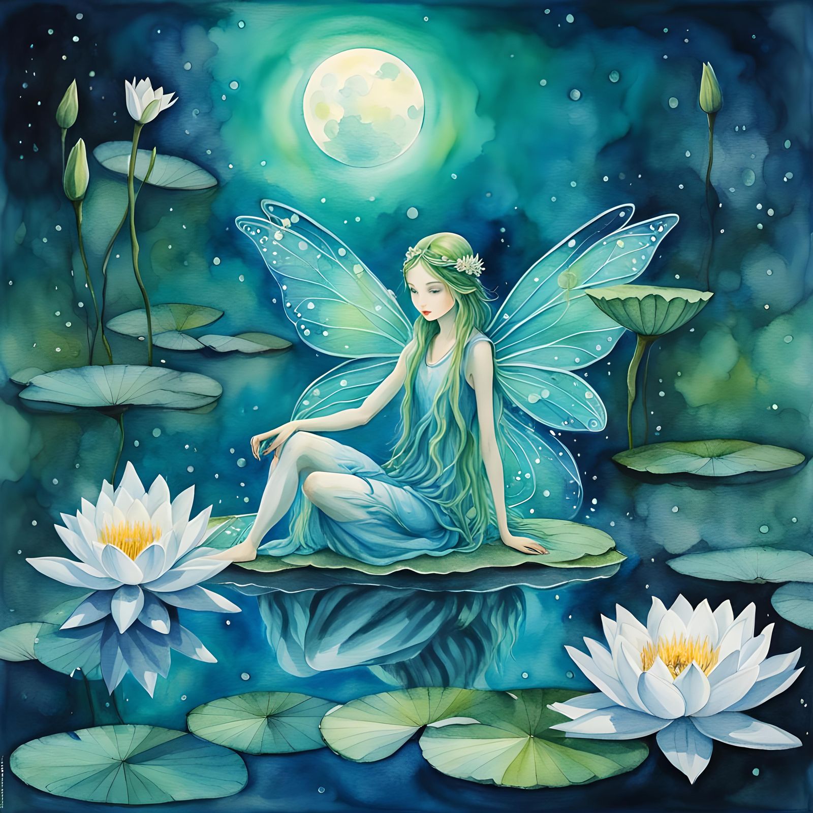 Ethereal Fairy on Water Lily in Watercolor