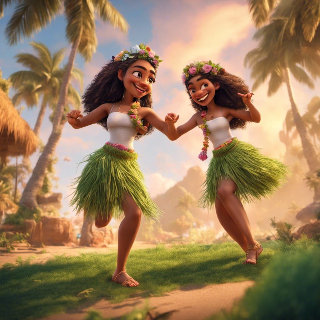 Hula Dancers in 3D Digital Art Style