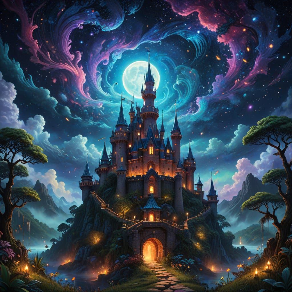Ethereal Castle Under Starry Skies with Fireflies and Knight...