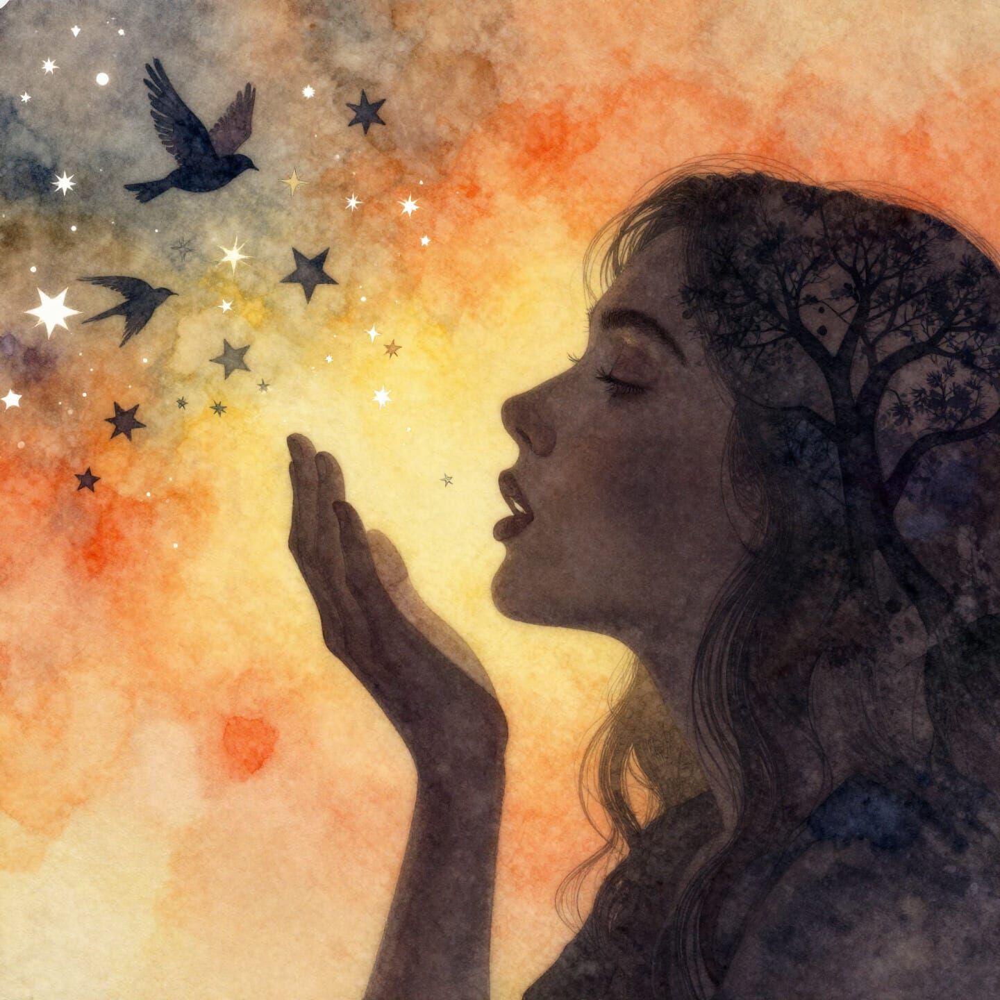 Woman Blowing Stars and Birds in Watercolor Style
