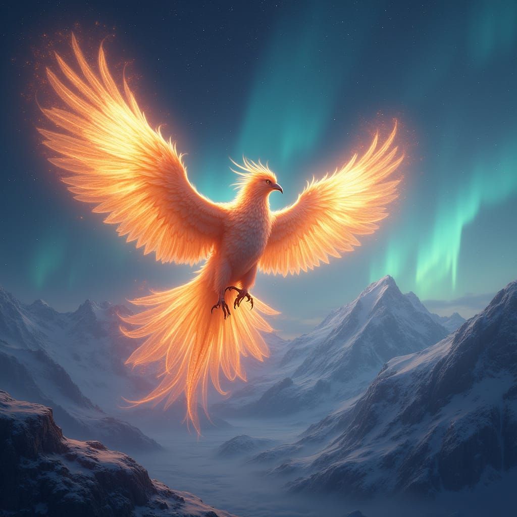 A majestic phoenix with wings of pure aurora borealis soars ...