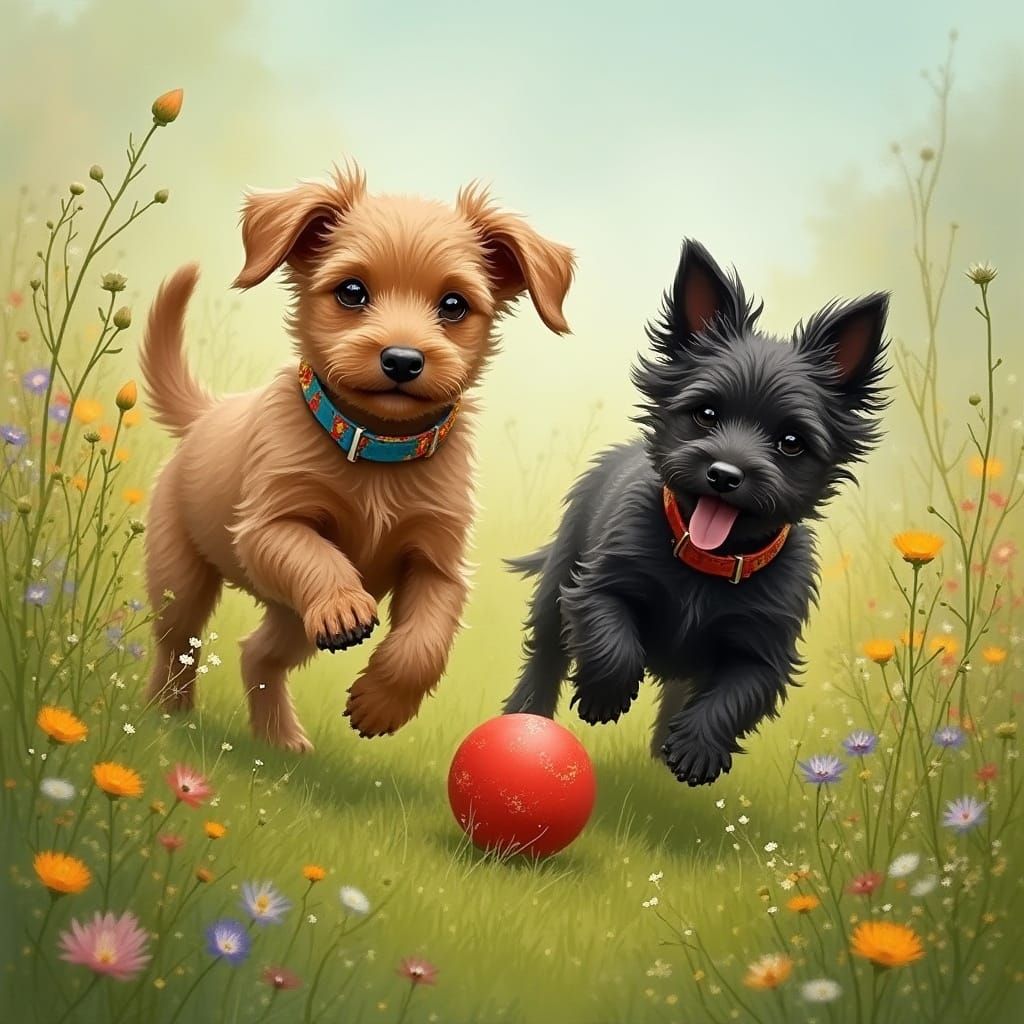 Puppies Playing Ball in Wildflower Meadow