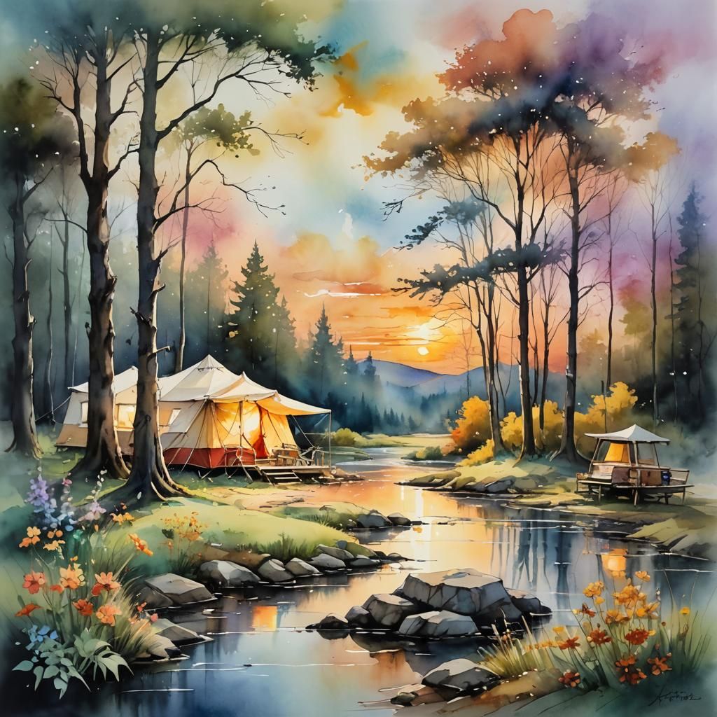 Campground at Dusk: Rococo Watercolor and Ink Painting