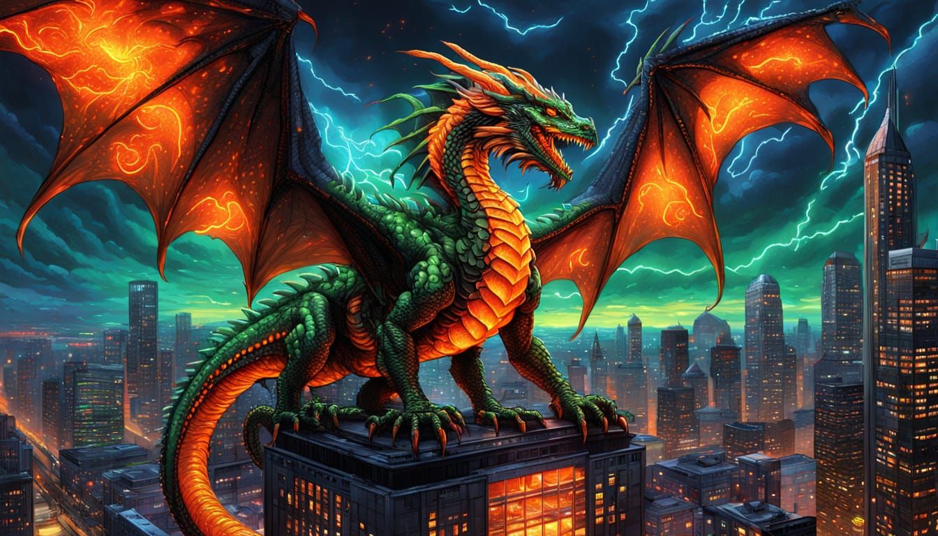 Biotech Dragon Coiled Around Skyscraper in Comic Art