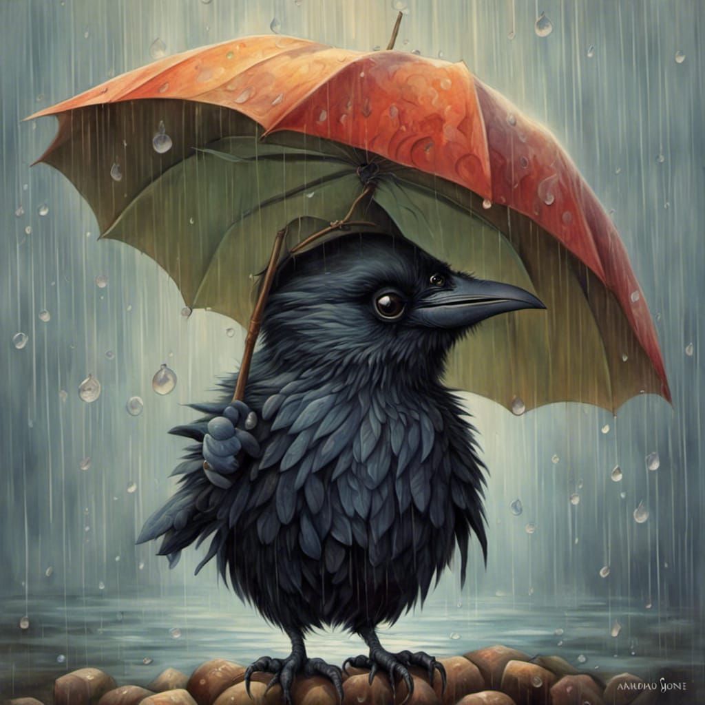 Raven with Umbrella in Surrealist Style