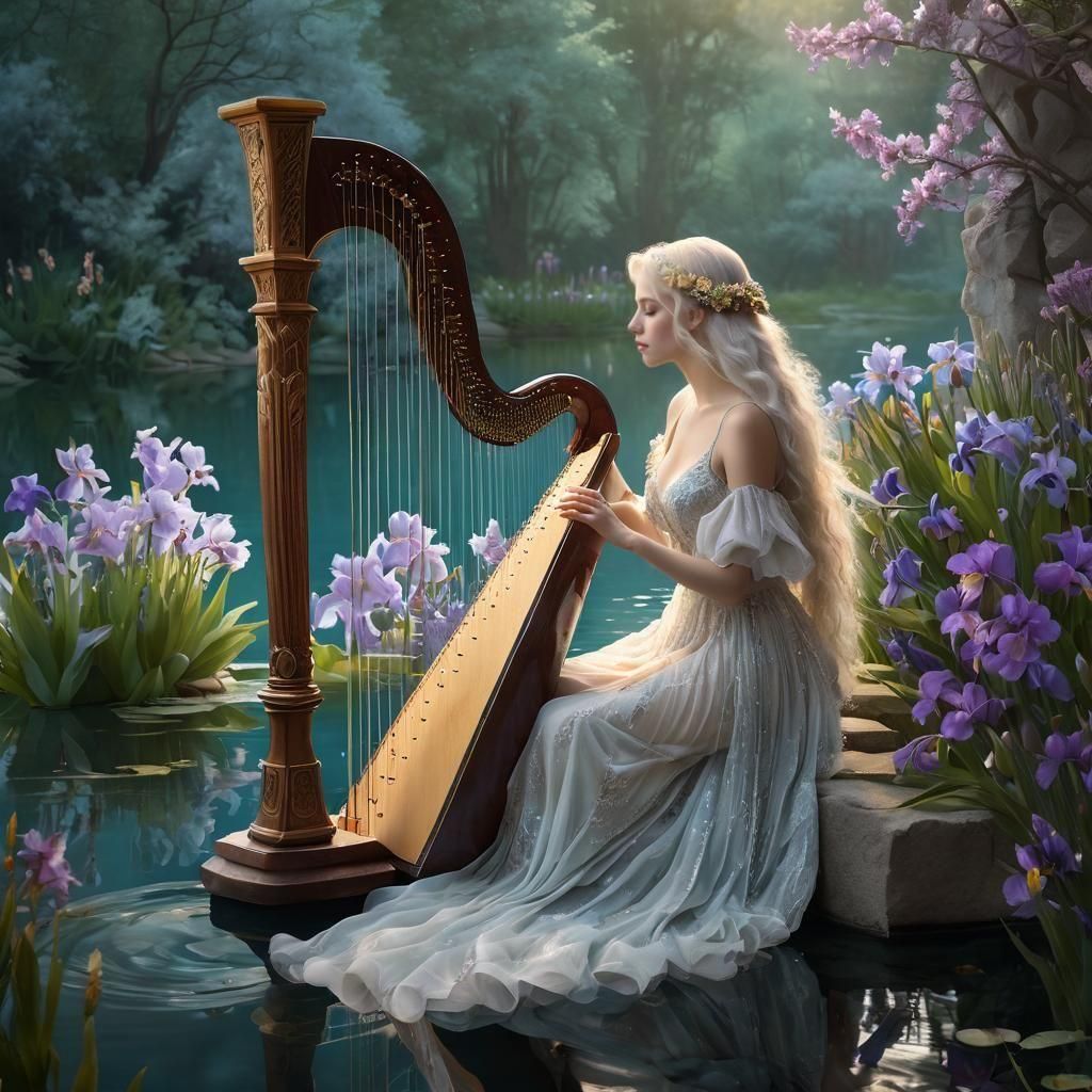 Beautiful Girl Plays Harp by Lake of Irises