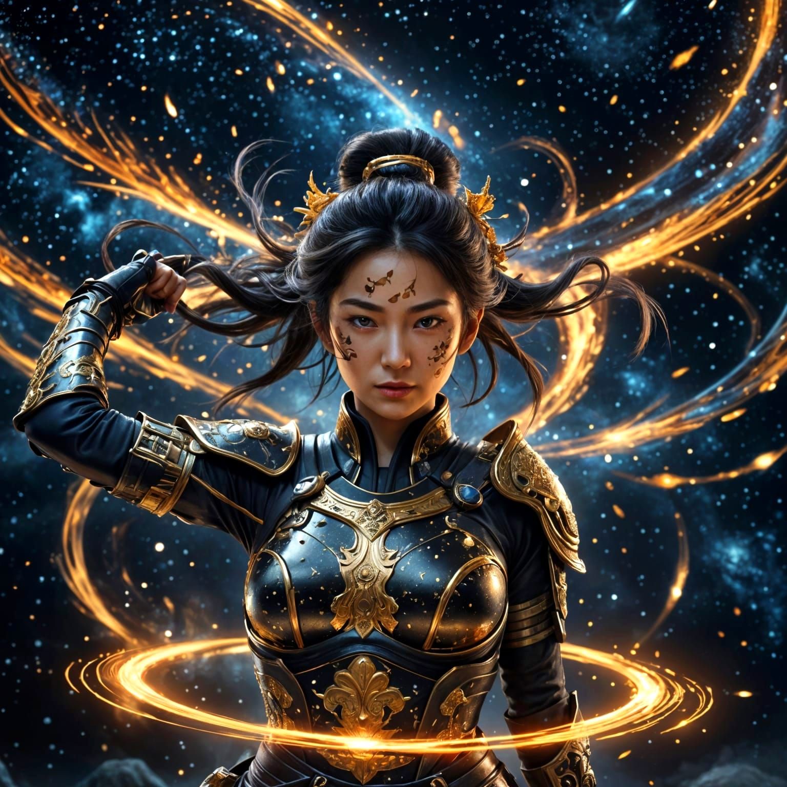 Epic Cosmic Samurai in Vibrant Japanese Ink Style