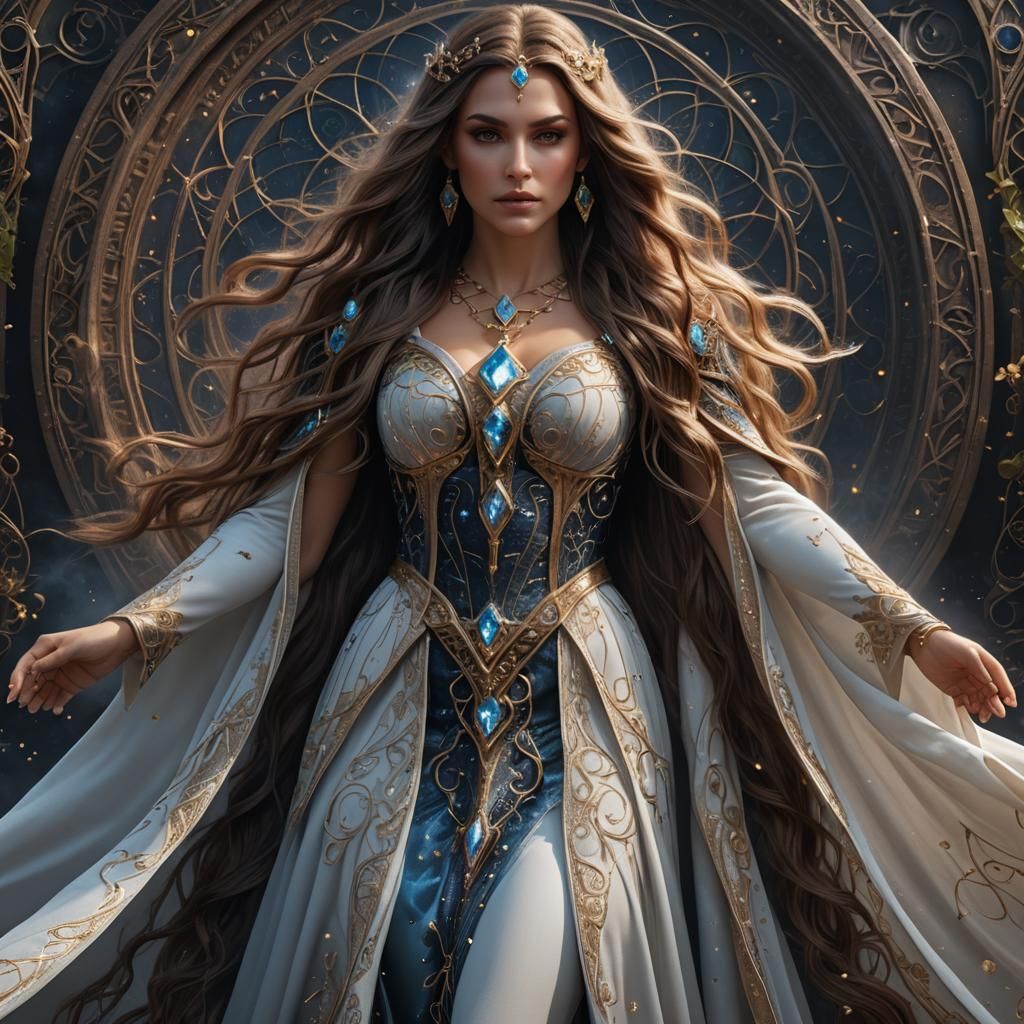 Sorceress Surrounded by Magical Symbols in Airbrush Style