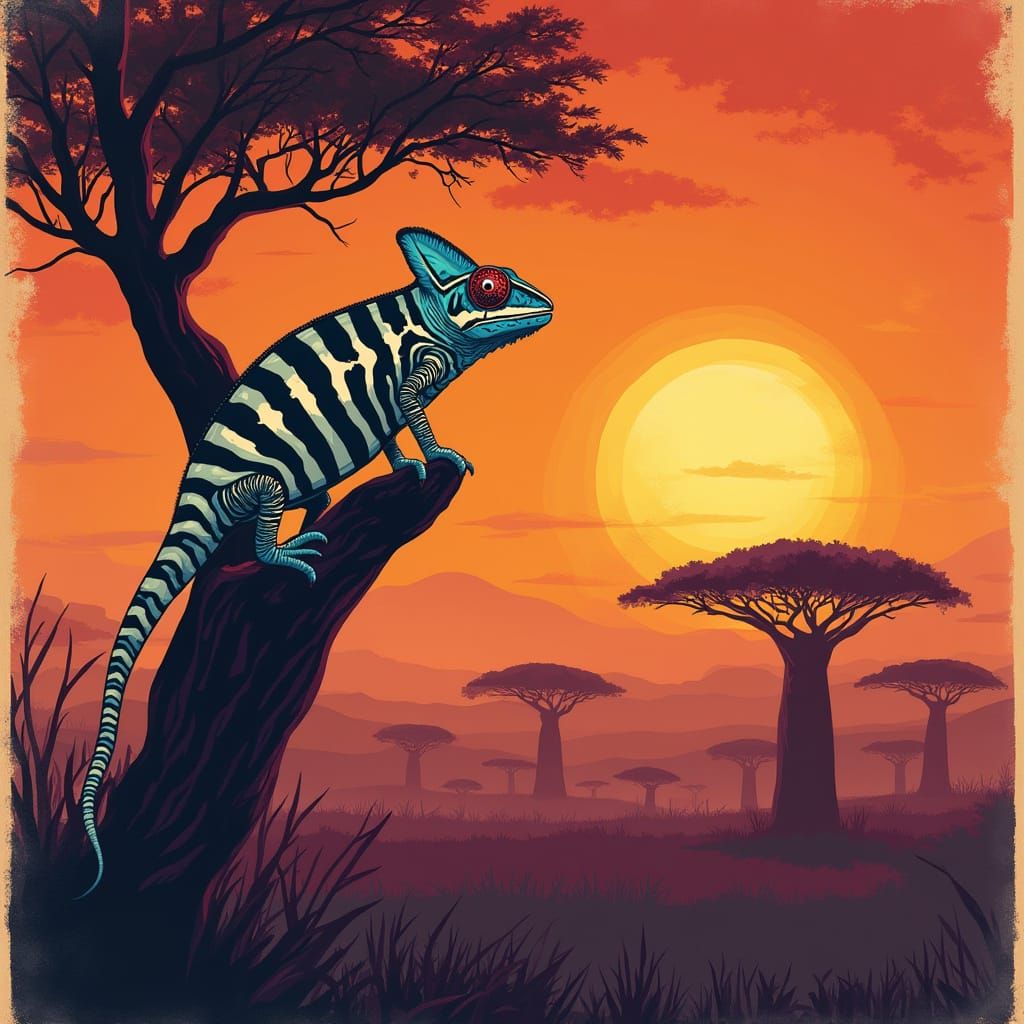 Safari Sunset with Zebra-Striped Chameleon